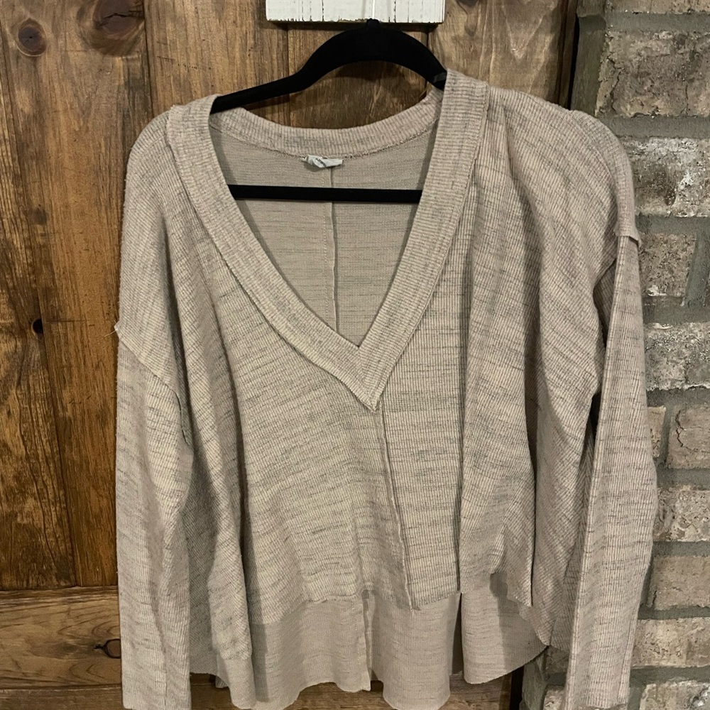 Beige V-Neck Knit Sweater